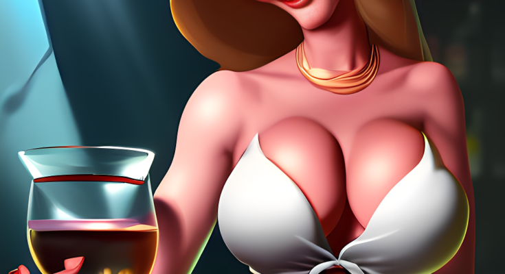 flirty female bartender with large breasts AI generated