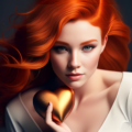 AI generated picture of a beautiful young woman with red hair and freckles holding up a heart shape.
