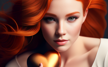 AI generated picture of a beautiful young woman with red hair and freckles holding up a heart shape.