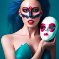 Beautiful woman holding a mask resembling another beautiful woman
