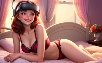 PornJoy Valentine's Day VR headset wearing girl on bed in lingerie