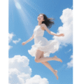beautifu and happy young woman floating in the sky
