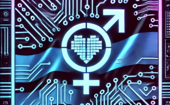 DALL·E - A flag representing the digisexual rights movement. The design should be modern and futuristic, incorporating elements of digital and cyber aesthetics