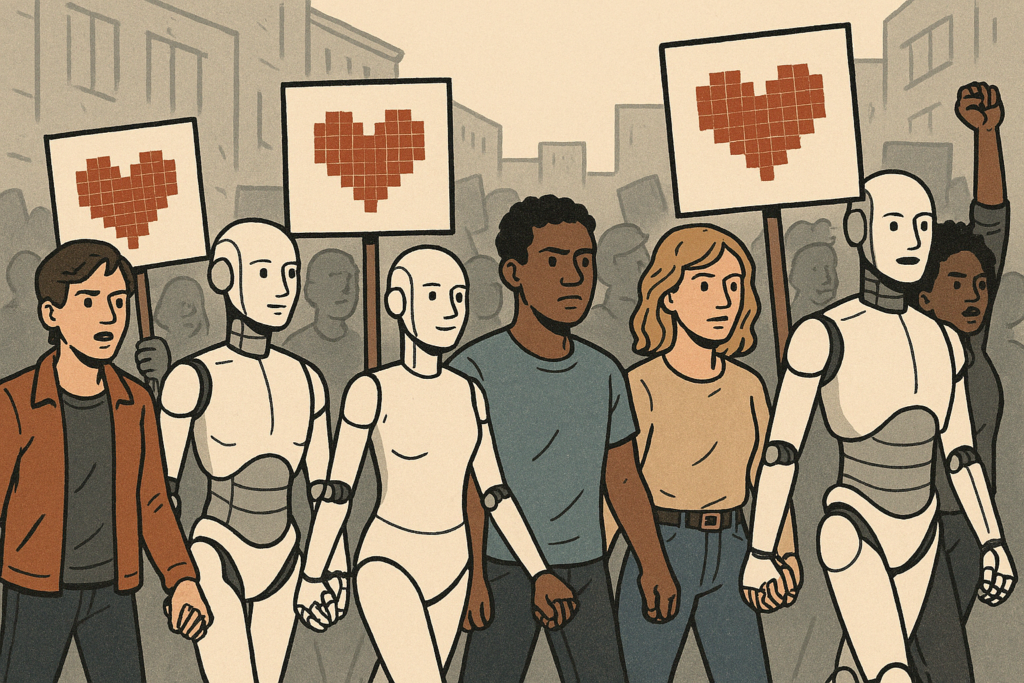 humans and androids march for digisexual rights together