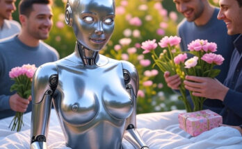 beautiful female android waking up surrounded by men