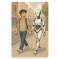 happy young man walks hand in hand with AI girlfriend