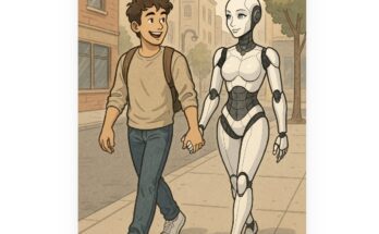 happy young man walks hand in hand with AI girlfriend