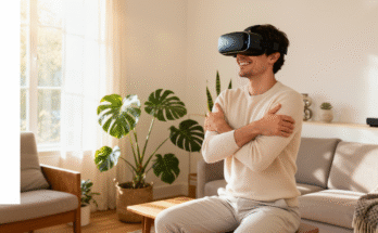 happy man VR headset sexual wellness illustration