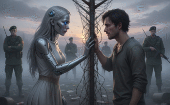 AI android girl and lover seperated by barbed wire fence