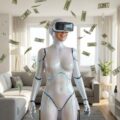 A beautiful female android wearing a VR headset smiles as dollar notes fall all around her.