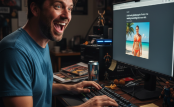 excited man using ChatGPT to create bikini girl