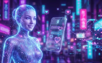 AI GFE cover - AI GF with smartphone showing text messages