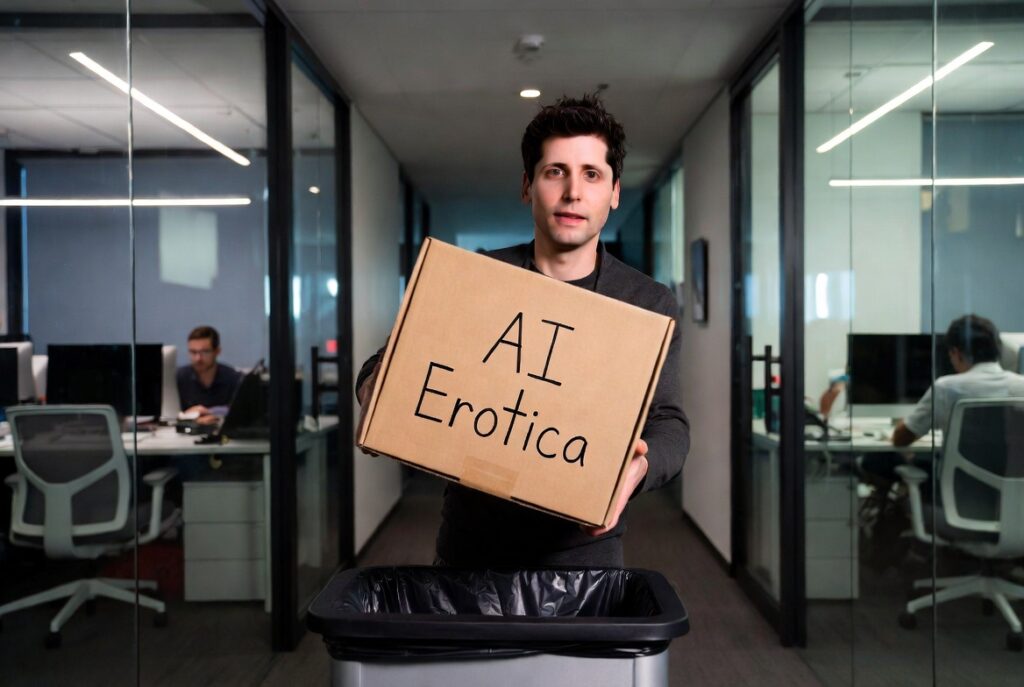 Sam Altman OpenAI office putting a box marked "AI erotica" into a bin.