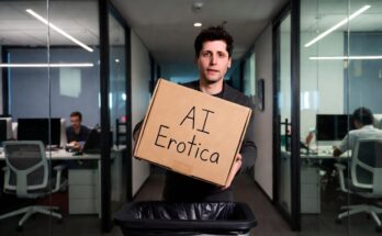 Sam Altman OpenAI office putting a box marked "AI erotica" into a bin.