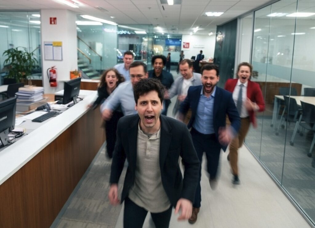 Sam Altman and colleagues running through OpenAI's offices in panic.