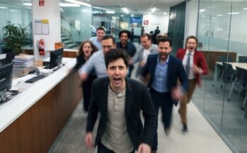 Sam Altman and colleagues running through OpenAI's offices in panic.