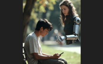 Feminist AI girlfriend watches young male sitting on a bench in a sunny park.