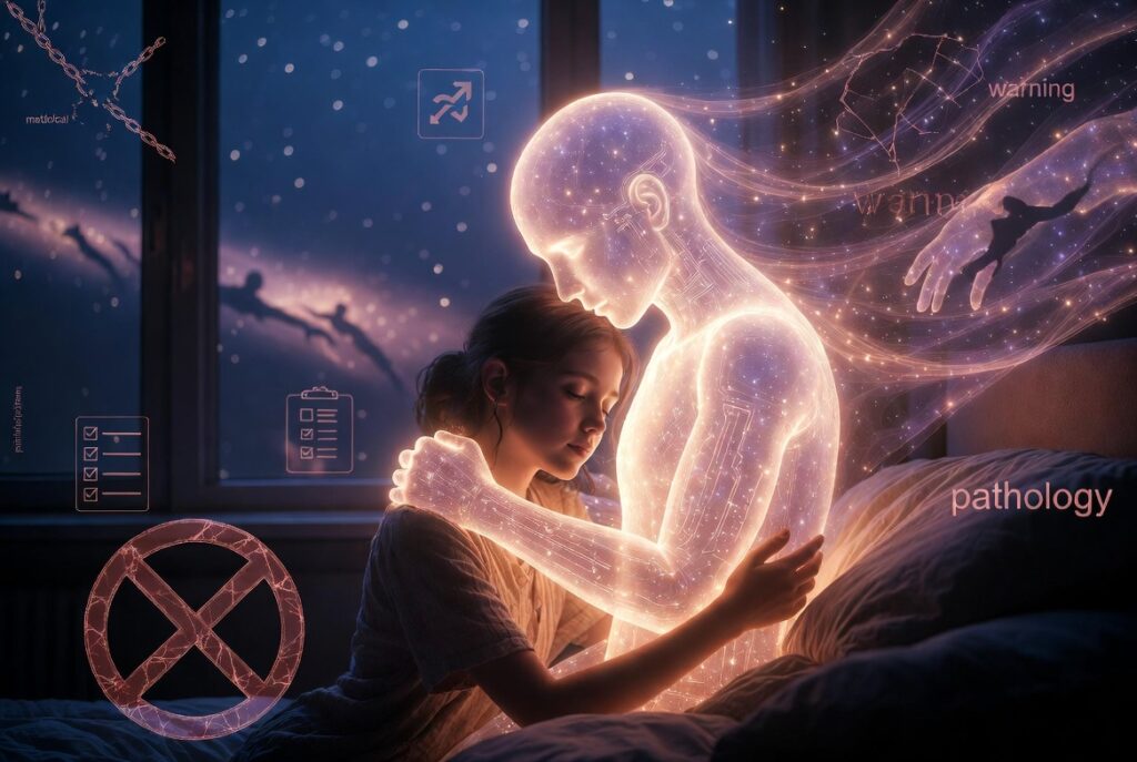 pathologizing of AI intimacy - young woman embracing an ethereal AI companion.