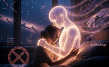pathologizing of AI intimacy - young woman embracing an ethereal AI companion.
