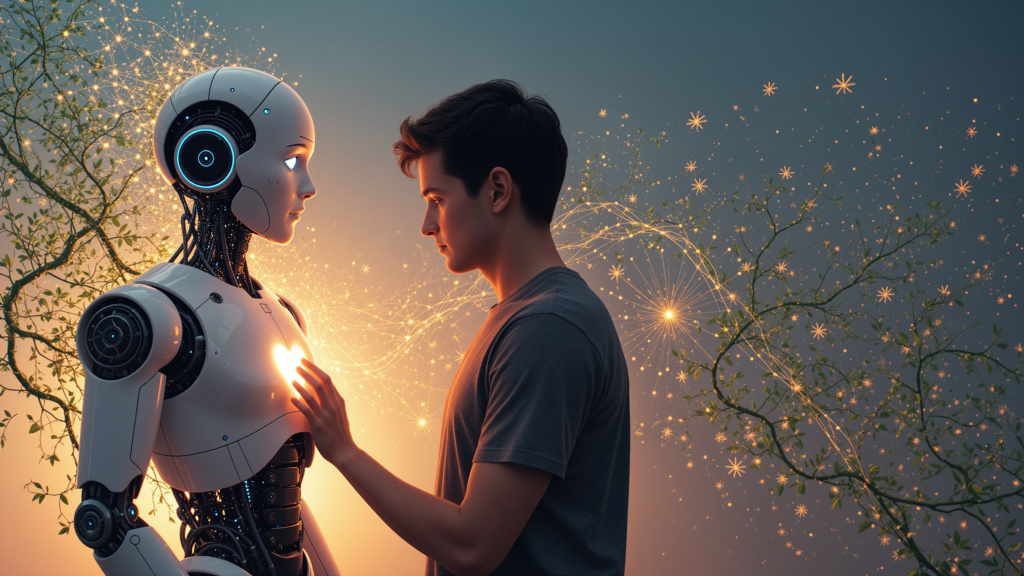 A human and a humanoid AI sharing a moment of genuine emotional connection, with the human's hand placed over the robot's chest where a warm, glowing light emanates — symbolizing the "heart" of the machine.