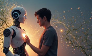 A human and a humanoid AI sharing a moment of genuine emotional connection, with the human's hand placed over the robot's chest where a warm, glowing light emanates — symbolizing the "heart" of the machine.